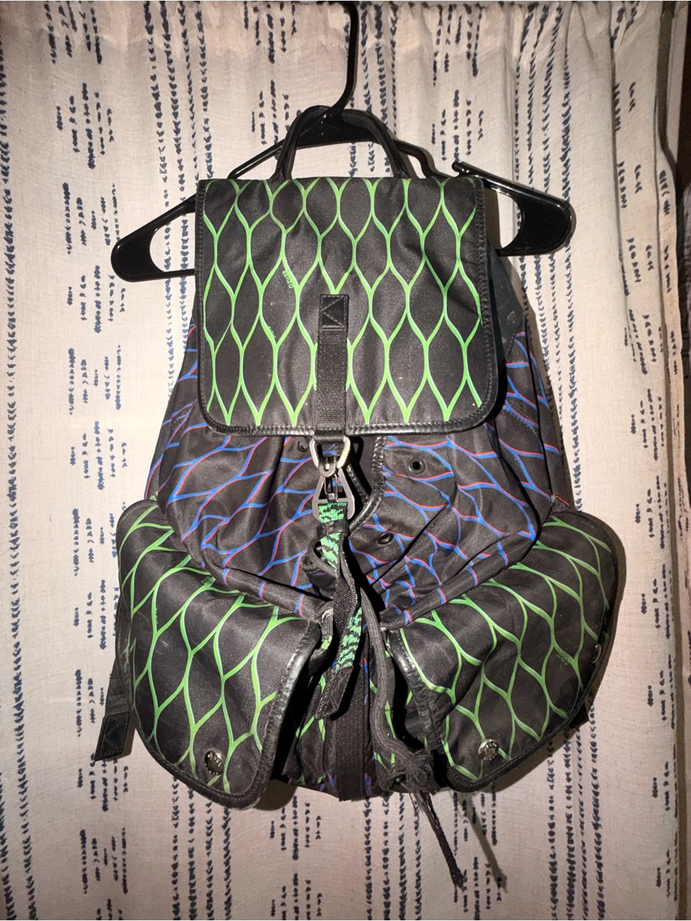 Kenzo Black Backpack with Green and Blue Geometric Pattern
